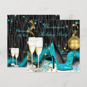 Champagne Holiday Party Teal Blue High Heels Invitation
