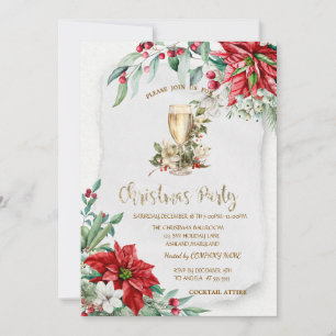 Champagne Holly Berry  Poinsettia Christmas  Invitation