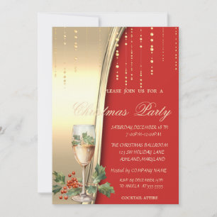 Champagne Holly Berry,Red,Gold Corporate Party Invitation