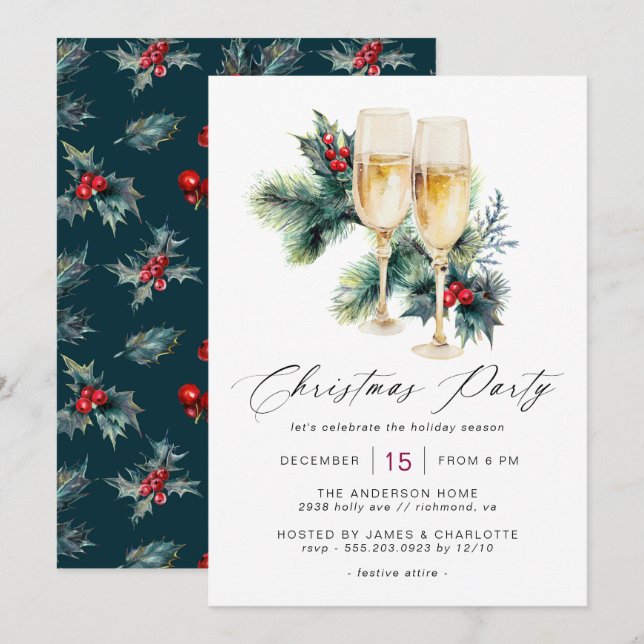 Champagne Holly | Fun Fancy Adult Christmas Party Invitation (Front/Back)