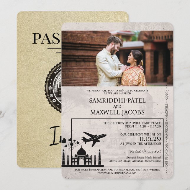 Champagne India Passport Wedding Invitation (Front/Back)