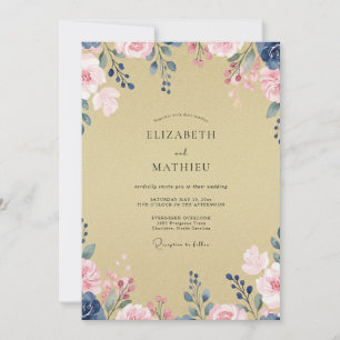 Champagne Indigo Petal Wedding Invitation