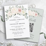 Champagne Ivory Blush Floral Greenery QR Wedding Invitation<br><div class="desc">Ivory floral wedding Invitation with QR code details on back featuring elegant bouquet of peach , white , gold, champagne ivory, blush colour rose , ranunculus flower buds and sage green eucalyptus leaves and elegant watercolor bouquet. Please contact me for any help in customisation or if you need any other...</div>