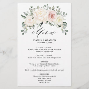 Champagne Ivory Blush Floral Greenery Wedding Menu