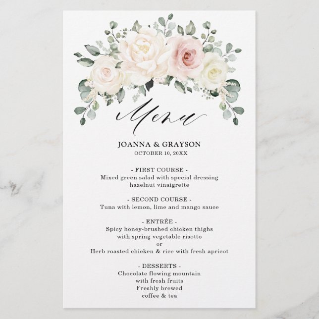 Champagne Ivory Blush Floral Greenery Wedding Menu (Front)