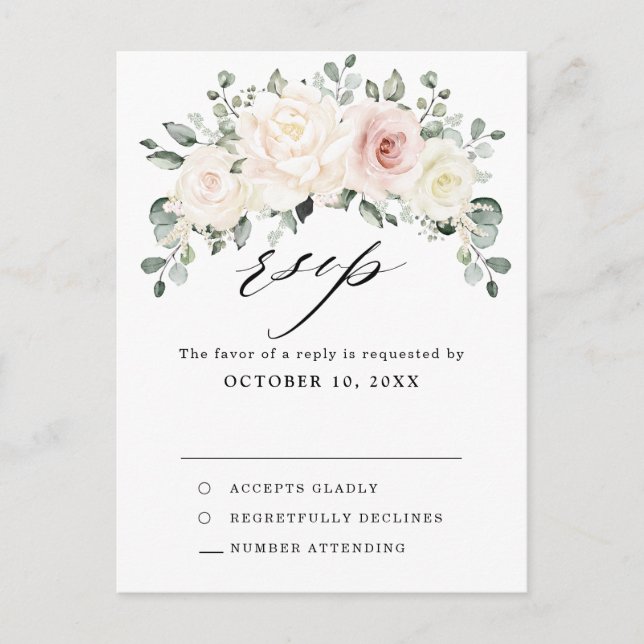 Champagne Ivory Blush Pink Floral Greenery  RSVP Postcard (Front)