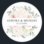 Champagne Ivory Blush Pink Floral Greenery Wedding Classic Round Sticker<br><div class="desc">Ivory floral wedding envelope seal sticker featuring elegant bouquet of peach , white , gold, champagne ivory, blush colour rose , ranunculus flower buds and sage green eucalyptus leaves and elegant watercolor bouquet. Please contact me for any help in customisation or if you need any other product with this design....</div>