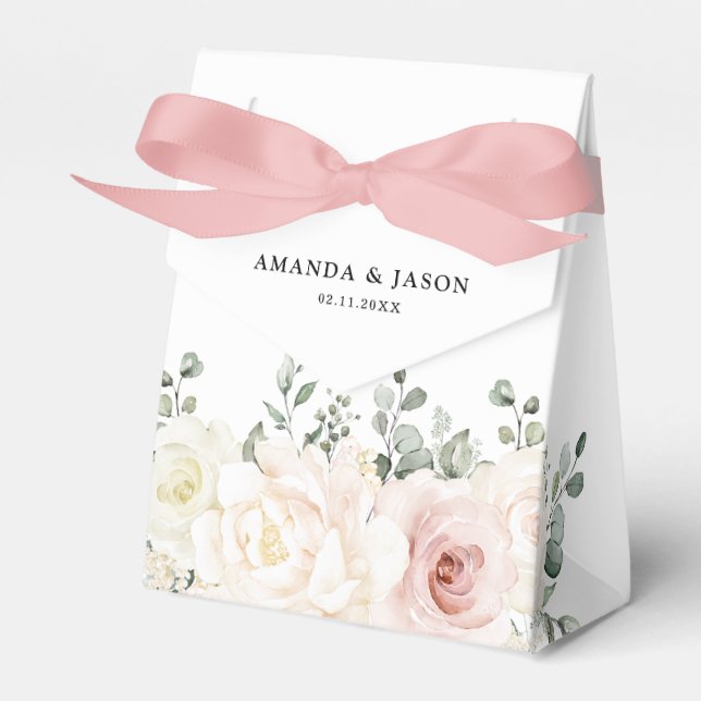Champagne Ivory Blush Pink Floral Greenery Wedding Favour Box (Front Side)