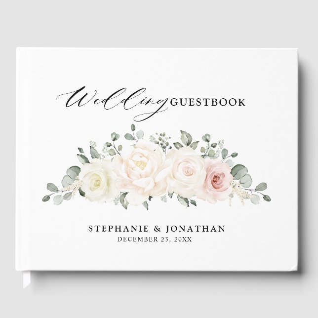 Champagne Ivory Blush Pink Floral Greenery Wedding Guest Book (Front)