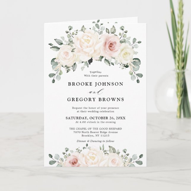 Champagne Ivory Blush Pink Floral Greenery Wedding Invitation (Front)