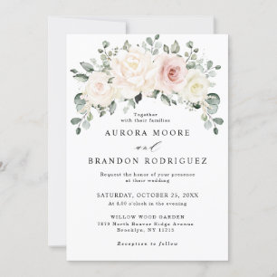 Champagne Ivory Blush Pink Floral Greenery Wedding Invitation