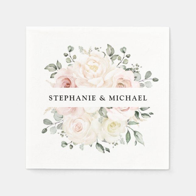 Champagne Ivory Blush Pink Floral Greenery Wedding Napkin (Front)