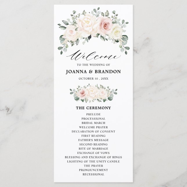 Champagne Ivory Blush Pink Floral Greenery Wedding Programme (Front)