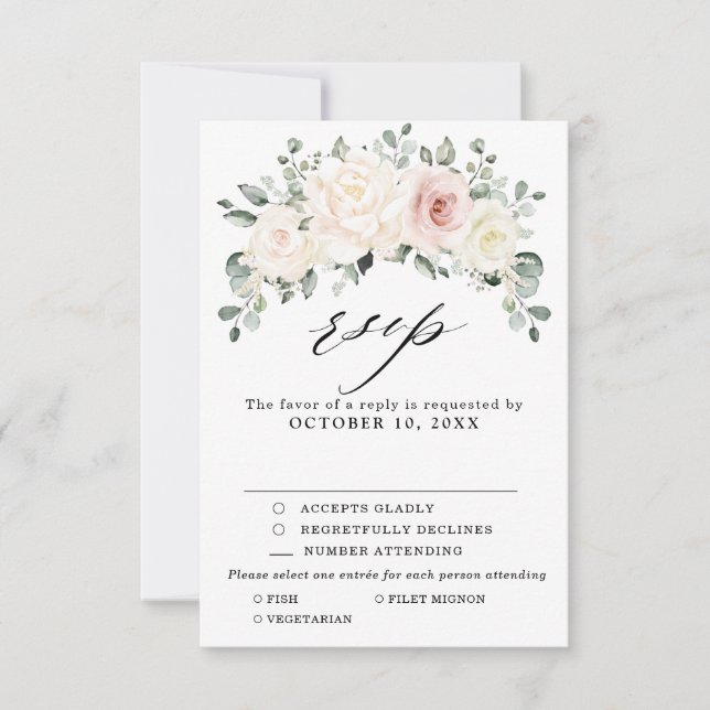 Champagne Ivory Blush Pink Floral Greenery Wedding RSVP Card (Front)