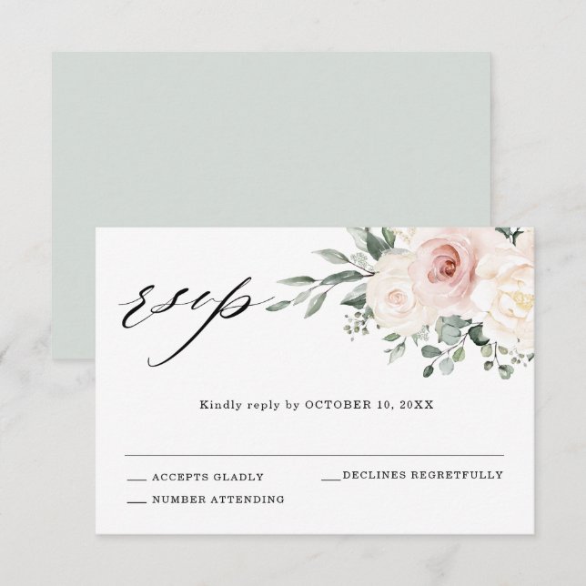 Champagne Ivory Blush Pink Floral Greenery Wedding RSVP Card (Front/Back)