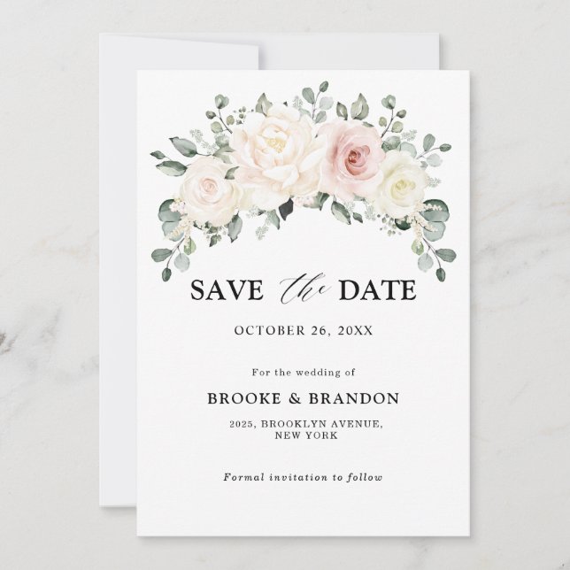 Champagne Ivory Blush Pink Floral Greenery Wedding Save The Date (Front)