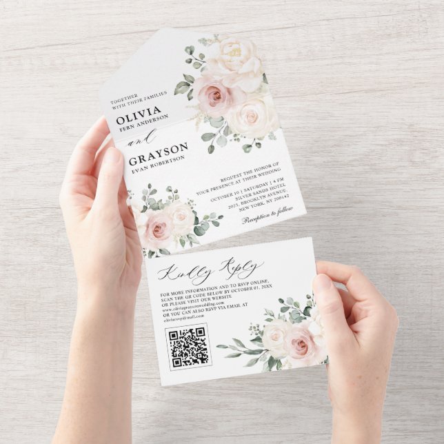 Champagne Ivory Blush Pink Floral QR code Wedding All In One Invitation (Tearaway)
