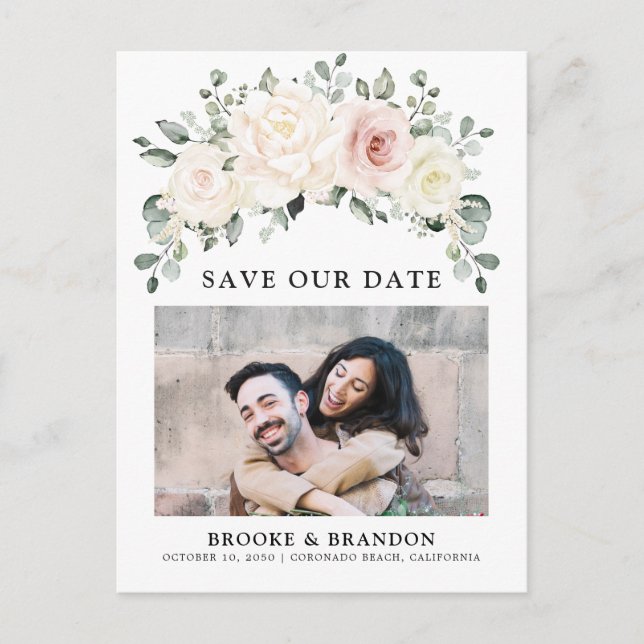 Champagne Ivory Blush Pink Floral   Save the Date Postcard (Front)