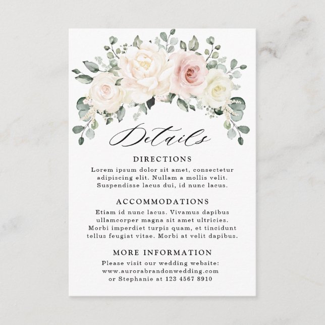 Champagne Ivory Blush Pink Floral Wedding Details Enclosure Card (Front)