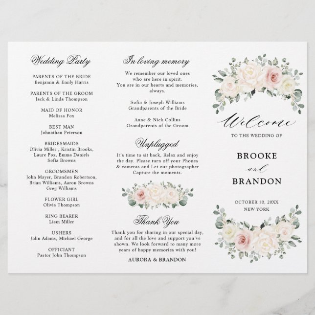 Champagne Ivory Blush Pink Floral  Wedding Program (Front)