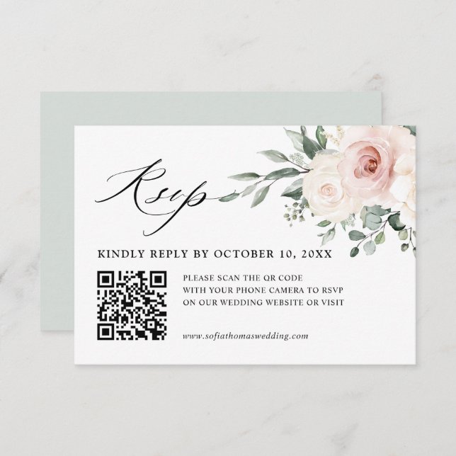 Champagne Ivory Blush Pink Floral Wedding QR code RSVP Card (Front/Back)