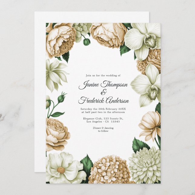 Champagne & Ivory Watercolor Floral Wedding Invitation (Front/Back)