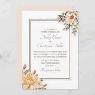 Champagne Ivory White Floral Wedding Invitation