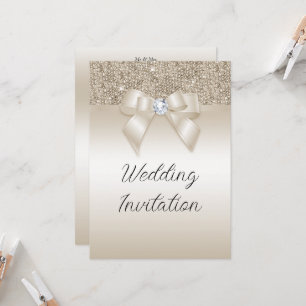 Champagne Jeweled Bow & Glitter Wedding Invitation