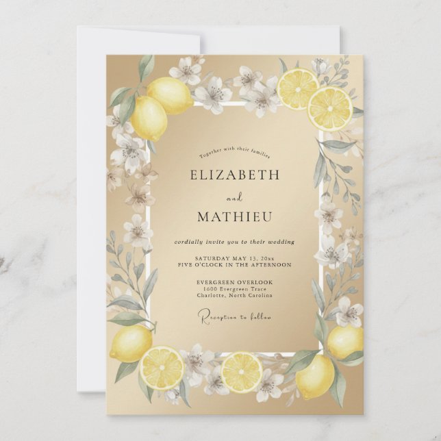 Champagne Lemon Citrus Eucalyptus Wedding Invitation (Front)