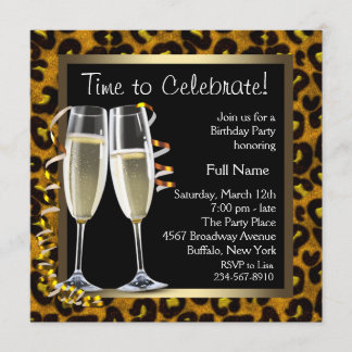 Champagne Leopard Birthday Party Invitations