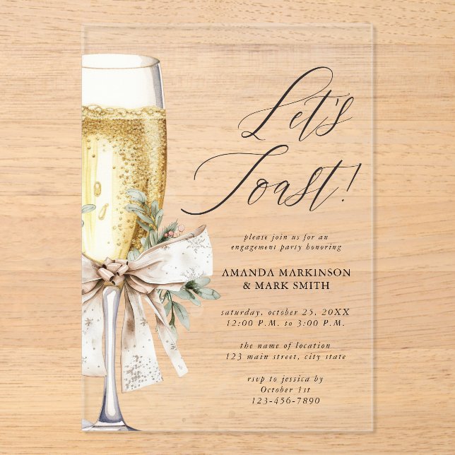 Champagne Let's Toast Winter Engagement Acrylic Invitations (Front)
