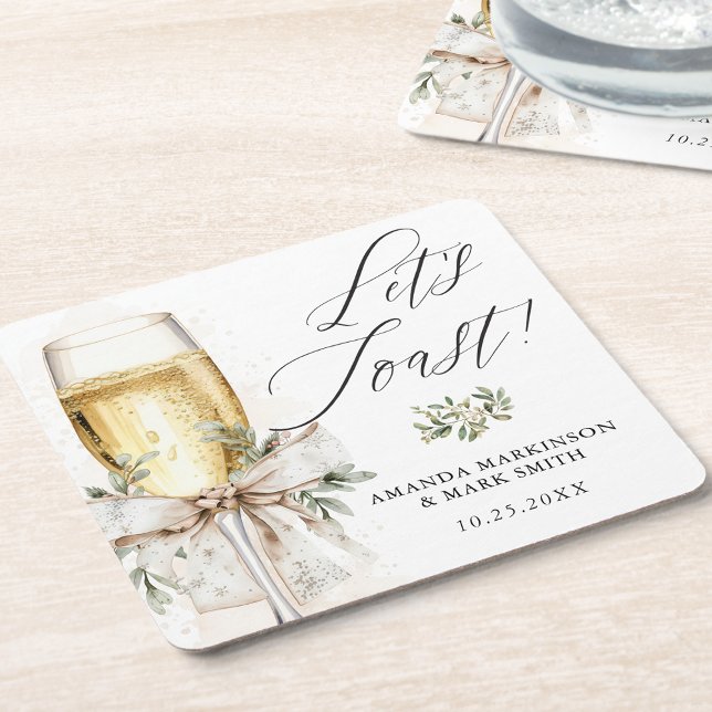 Champagne Let's Toast Winter Engagement Square Paper Coaster (Creator Uploaded)