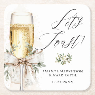 Champagne Let's Toast Winter Engagement Square Paper Coaster