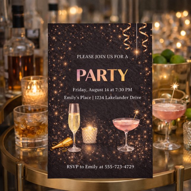 Champagne Lights Celebration Invitation (Champagne lights and golden sparkle set the scene for an upscale evening celebration)