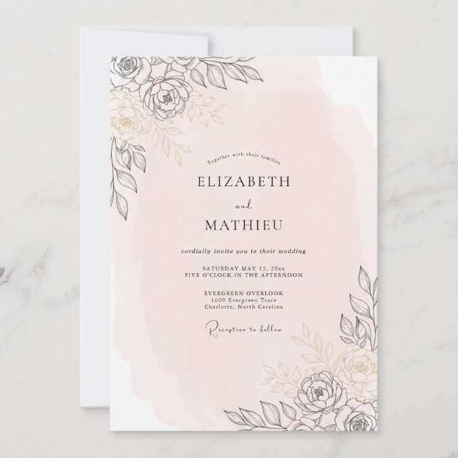 Champagne Line Art Eucalyptus Wedding Invitation (Front)