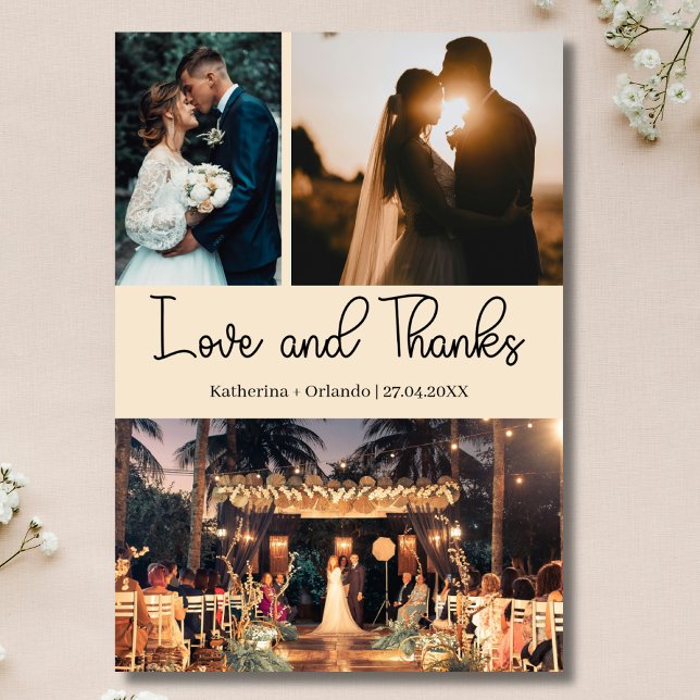 Champagne Love & Thanks Three Photo Wedding Card (Creator Uploaded)