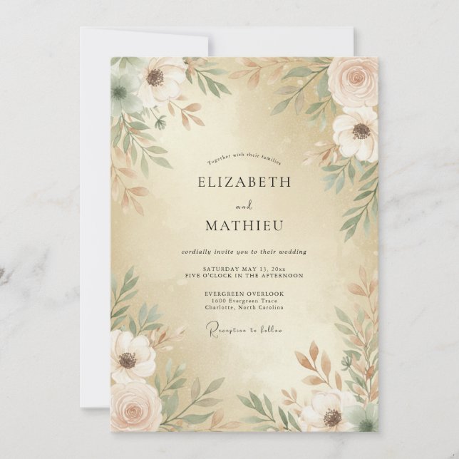 Champagne Luxurious Watercolor Wedding Invitation (Front)