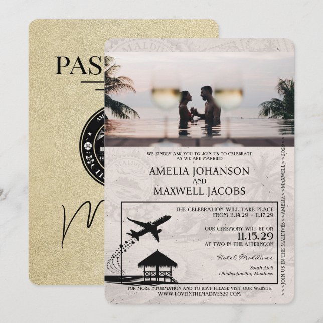 Champagne Maldives Passport Wedding Invitation (Front/Back)