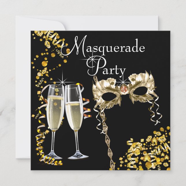 Champagne Mask Black Gold Masquerade Party Invitation (Front)