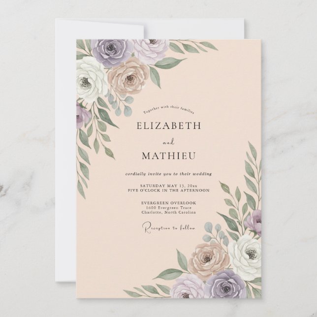 Champagne Mauve Leafy Wedding Invitation (Front)