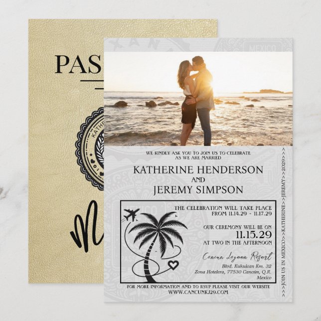 Champagne Mexico Passport Wedding Invitation (Front/Back)
