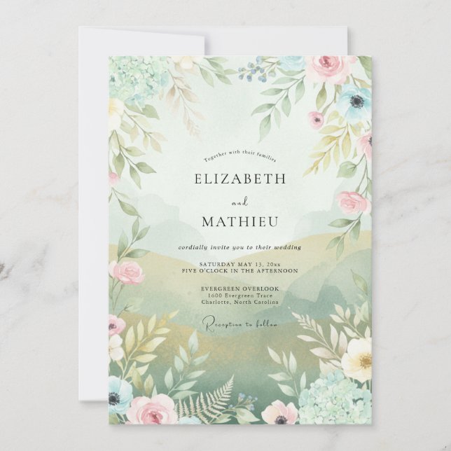 Champagne Mint Watercolor Wedding Invitation (Front)