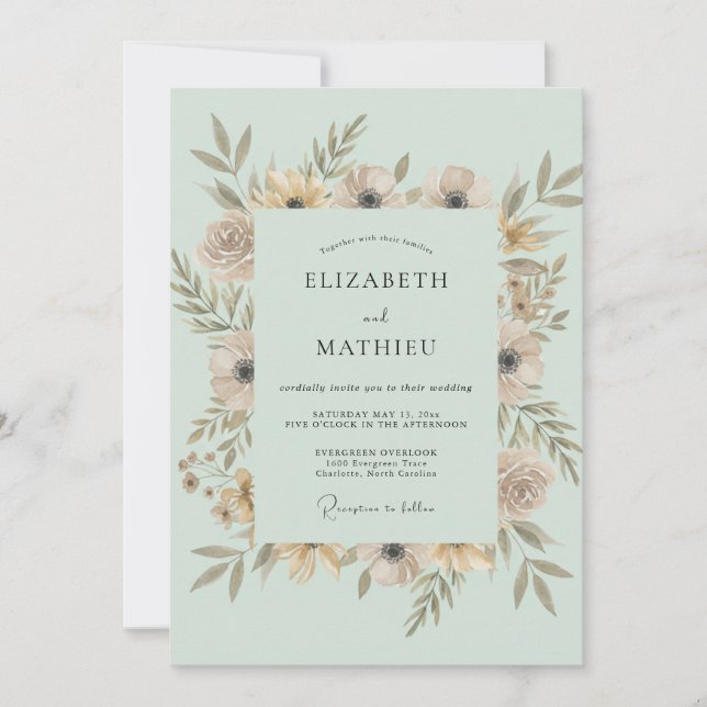 Champagne Mint Wreath Wedding Invitation (Front)