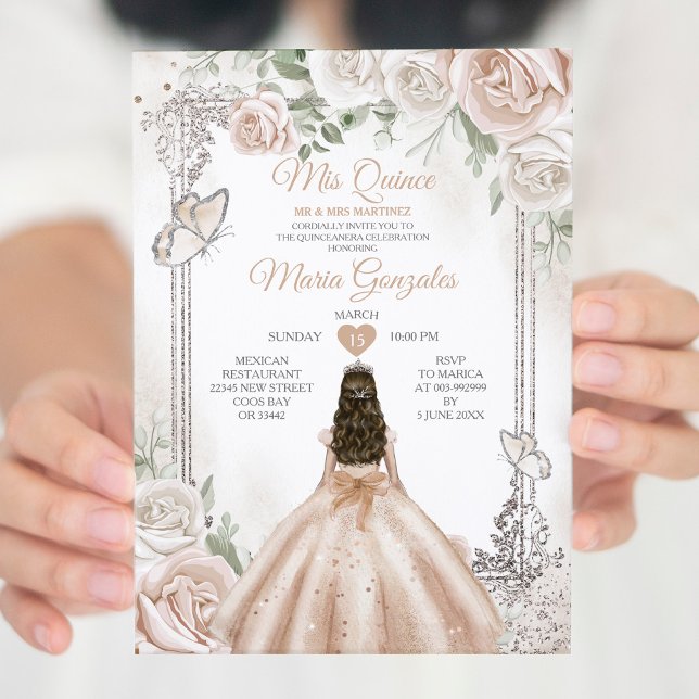 Champagne Mis Quince 15 Anos Silver Crown Glitter Invitation (Creator Uploaded)