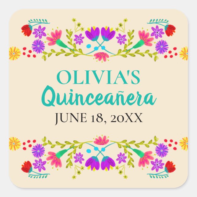 Champagne Mis Quince Anos Mexican Fiesta Flowers Square Sticker (Front)