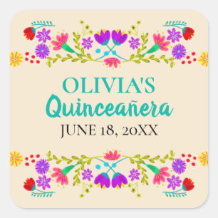 Champagne Mis Quince Anos Mexican Fiesta Flowers Square Sticker
