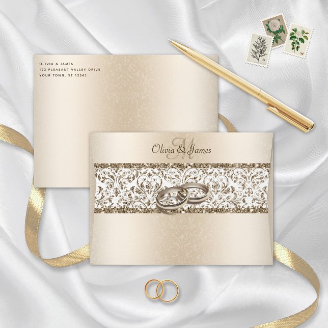 Champagne Monogram Damask Glitter Wedding Envelope (Creator Uploaded)