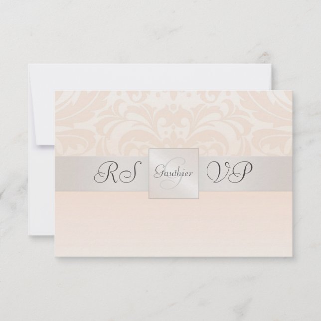 Champagne Monogram Damask RSVP Reply Invitation (Front)