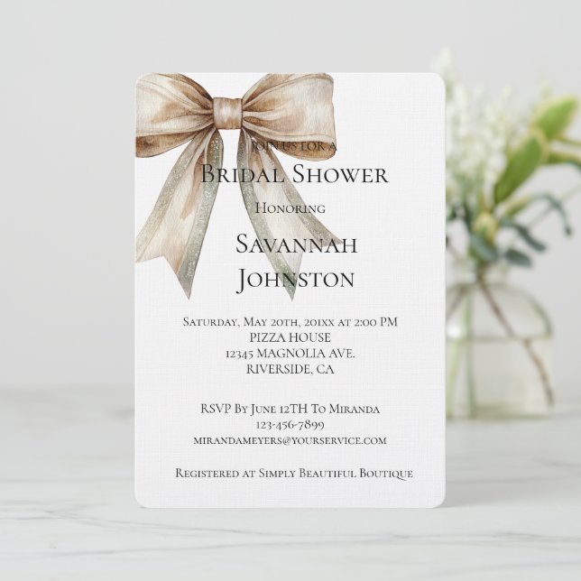 Champagne Moss Bow Bridal Shower Invitation (Standing Front)