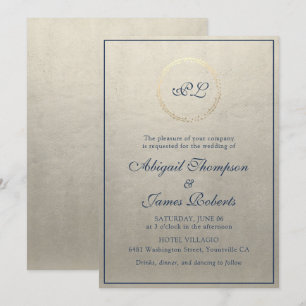 Champagne Navy Elegant Monogram Wedding Invitation